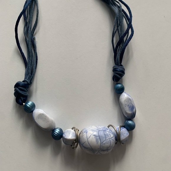 Deep Blue Boho Necklace with Pearl Earrings - Picture 2 of 3